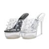 Fashion European and American Nightclub Car Model Catwalk Transparent Rivet Crystal Heel Platform High Heel Sandals Platform Slippers