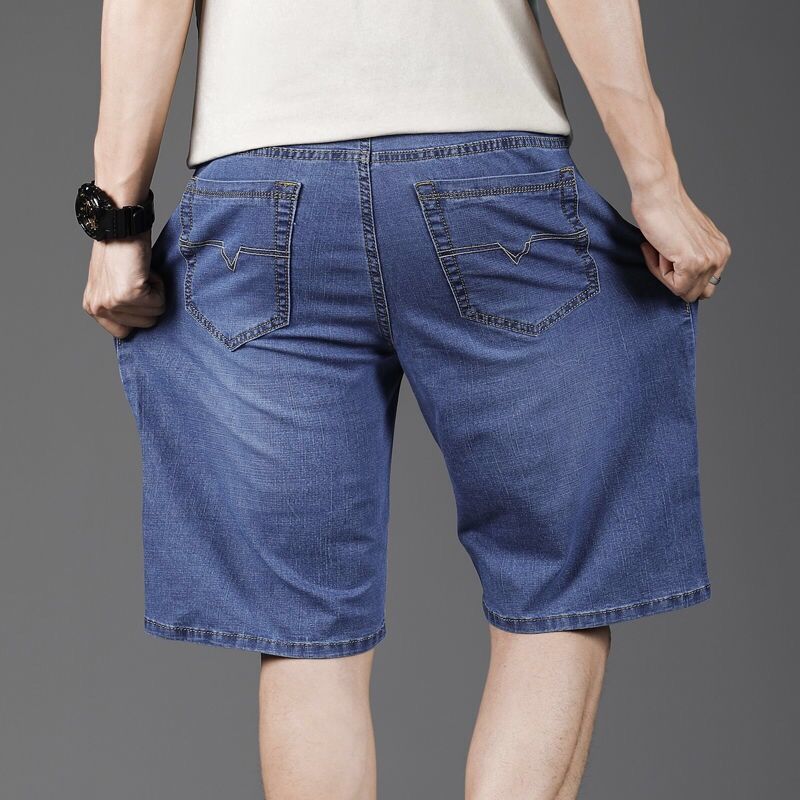 Elastic Denim Shorts for Casual Men Loose Fitting Straight Leg Mid Length Pants