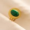 Green Striped Stone Vintage Gold Color Stainless Steel Open Adjustable Rings For Women Men Accessories Finger Jewelry Sun Flower