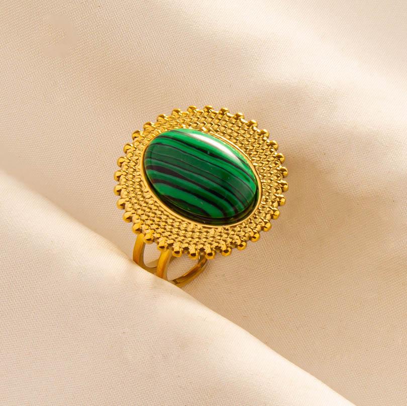 Green Striped Stone Vintage Gold Color Stainless Steel Open Adjustable Rings For Women Men Accessories Finger Jewelry Sun Flower