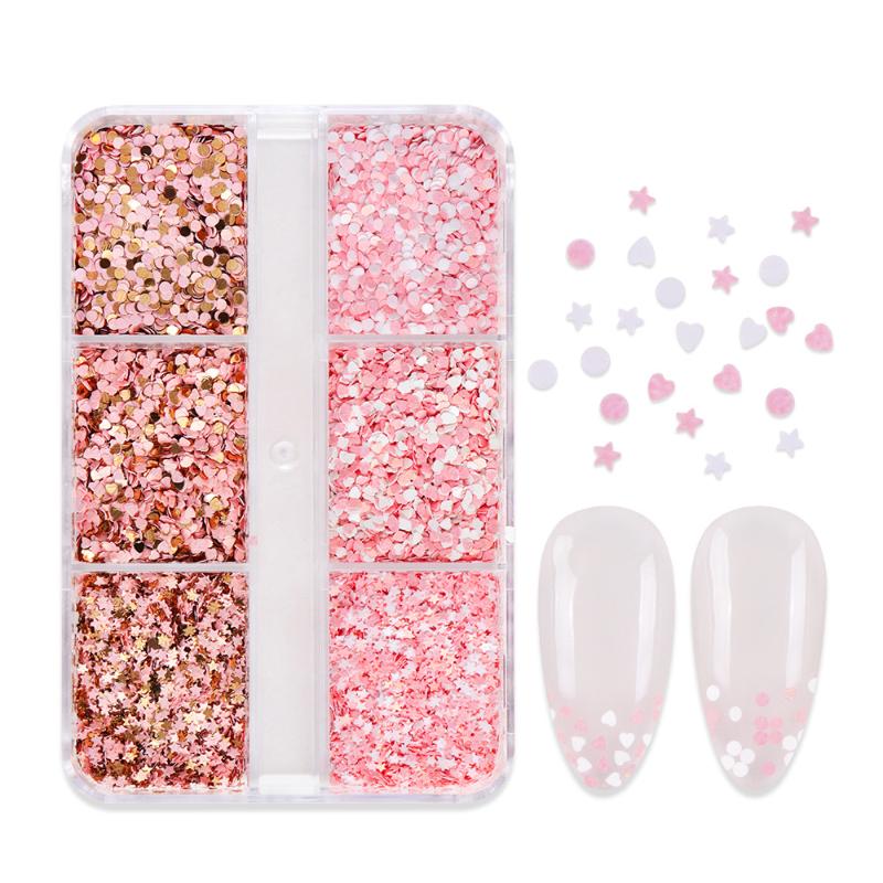 

6 Grids Cute Heart Glitter Nail Sequins Kawaii Mini Golden Red Laser Love Round Nail Flake Korean Star DIY Nail Charm Supplies