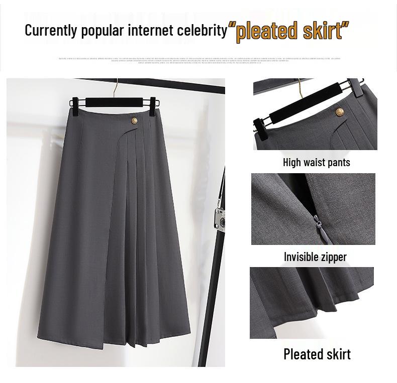 French Gray Irregular A-Line Pleated Midi Skirt - High Waist, Summer 2025