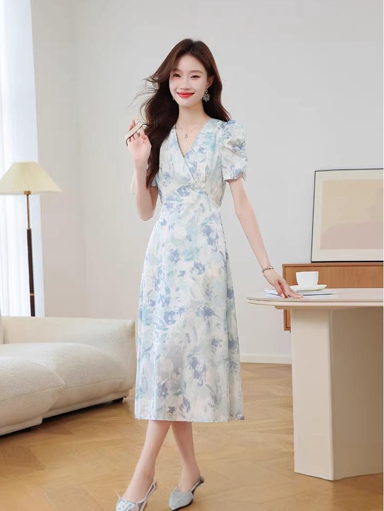 Vintage French Floral Puff Sleeve V-Neck A-Line Dress - Slim Fit Waist-Cinching Summer Long Skirt
