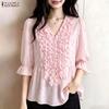 Women Elegant Floral Print Summer Casual V-Neck 3/4 Sleeve Blouse