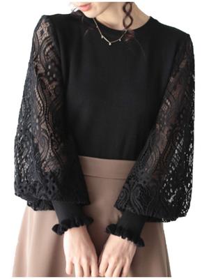 ONE UMB One UMB Spitze Puffärmel Strick Floral Lang Rund Dick oder Plus Uni Schwarz oder Größe M Bluse/Pullover/Oberteil, Pullover, Gerippt, Rüschen, Durchsichtig,