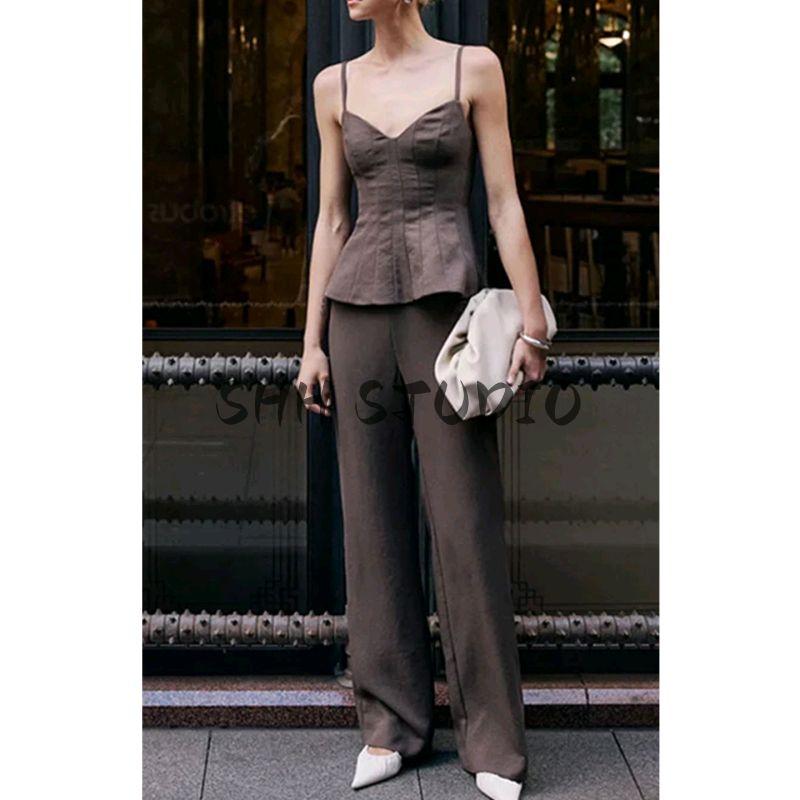 Summer New Women clothes V-neck Sleeveless Solid Short Sling Top + High Waist Straight Casual Trousers Set
