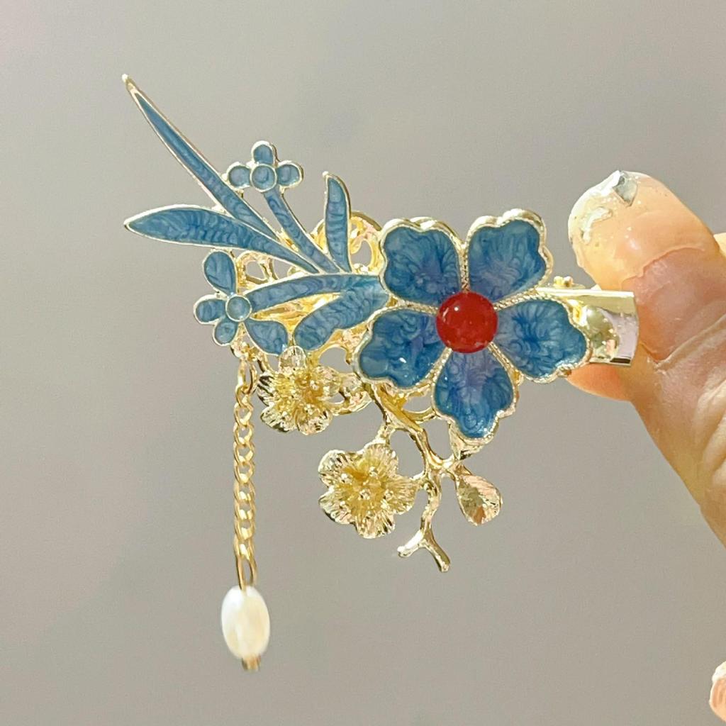 Elegant Blue Cloud Pearl Hairpin with Tassel
