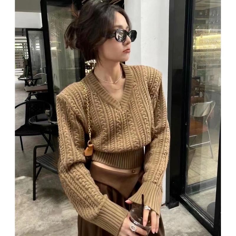 Vintage High-waisted Threaded Pullover Sweater V-neck Waist Waist Short Twist Sweater Women's Fashionable Slimming Autumn and Winter New