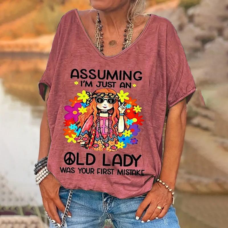 Retro Letter Printing V-neck Women's Short-sleeved Daily Weekend Women's Clothing Oversized Summer T-shirt Top