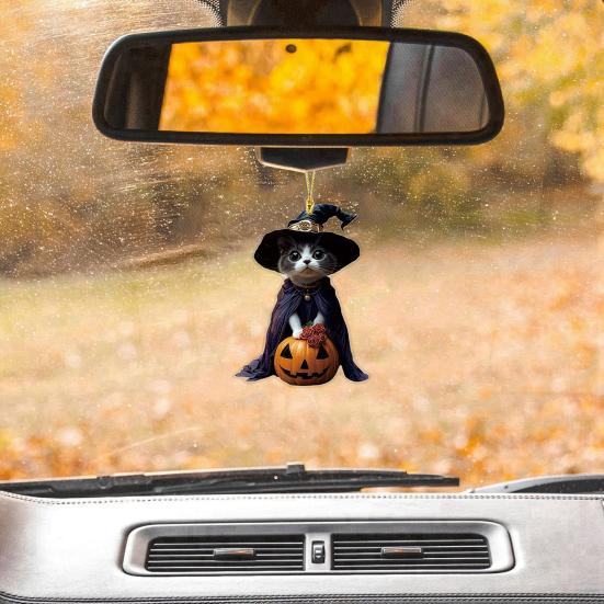 Halloween Cat Ornament Cute Cat with Witch Hat Pumpkin/Skull Hanging Decoration 2D Flat Acrylic Car Rearview Mirror Charm Christmas Tree Decoration