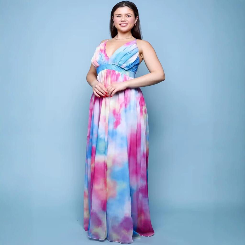 Europe, America, Amazon 3D Digital, Women's Sleeveless Tie-Dye Printing Cross Halter Dress