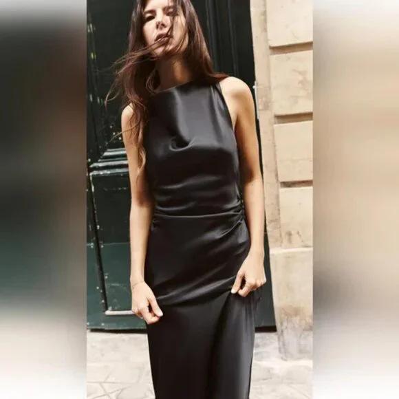 European and American Women's Satin Mid-length Dress with Ruched Waist and Cowl Neck.