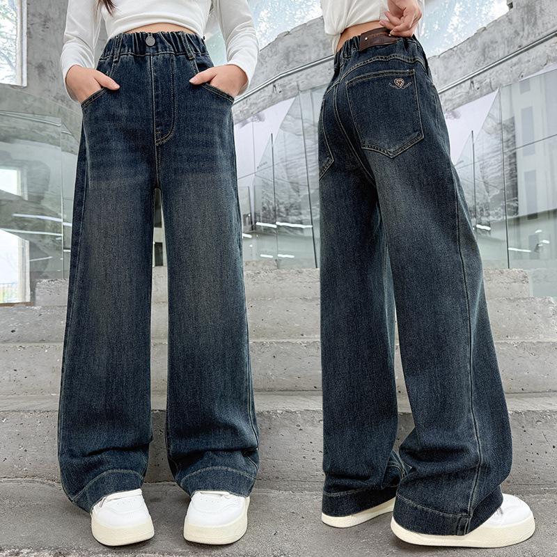 

Girls Wide Leg Jeans - Spring/Autumn 2025, Versatile Slim Fit, Straight Leg Pants for Middle to Big Kids 160 cm синий