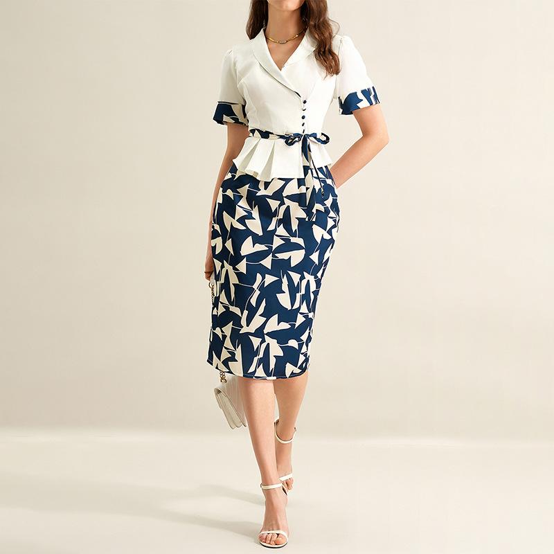

Women Elegant 2 Piece Set Short Sleeve Belted Blouse Abstract Print Midi Skirt Chic Office Casual Business Outfit S