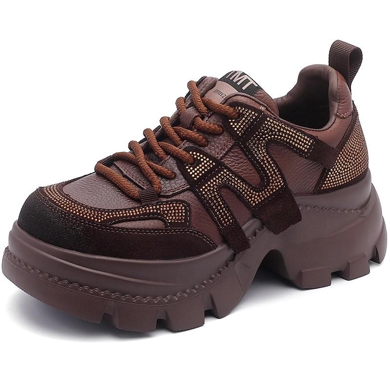 Fashion GKTINOO 2025 Autumn New Breathable Rhinestones Thick soled Sneakers Genuine Leather Lace-up Casual Women's Shoes