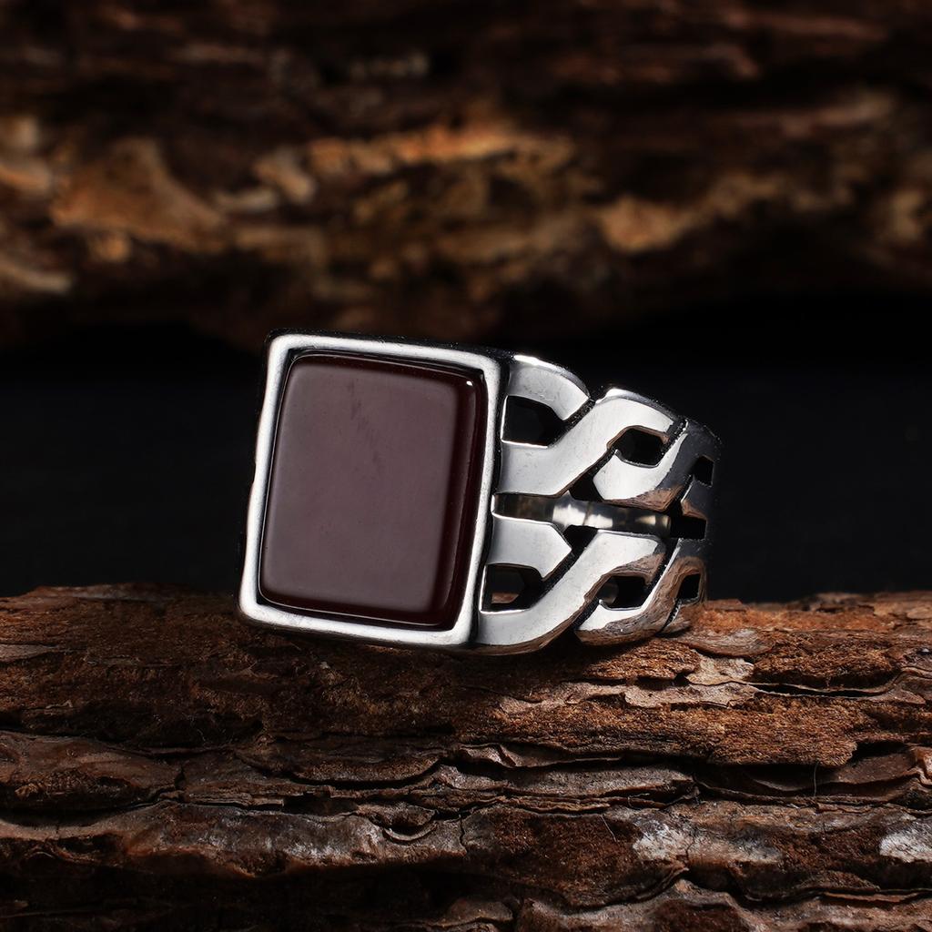 1pc Men's Vintage 316L Stainless Steel Ring with Natural Tiger's Eye Stone Turquoise- Intricate Detailing, Unisex Jewelry