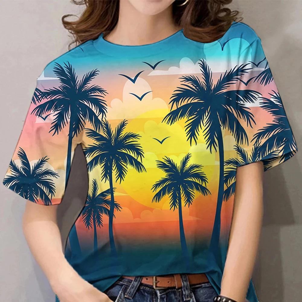 Fashionable Casual Comfortable Coconut Tree Pattern Women's Short Sleeved T-shirt