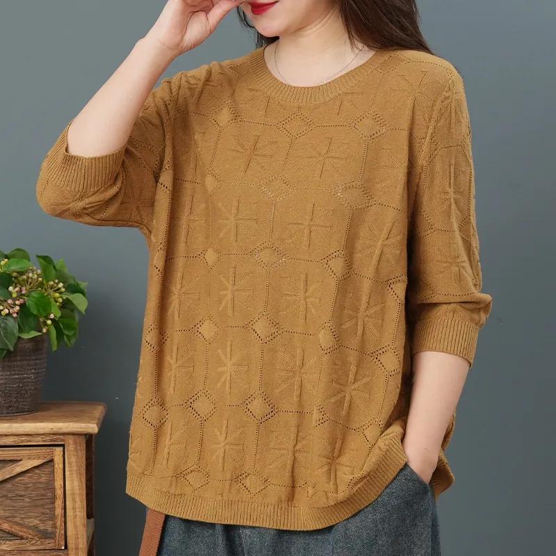 Autumn Round Neck Cotton Casual Loose Three-quarter Sleeve Knit Sweater Women Retro Literary Loose Thin T-shirt Women