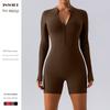 Export Zipper Nude Feel Long Sleeves Yoga Jumpsuit Strength Fitness Running Sports One-Piece Bodysuit Shorts Dance