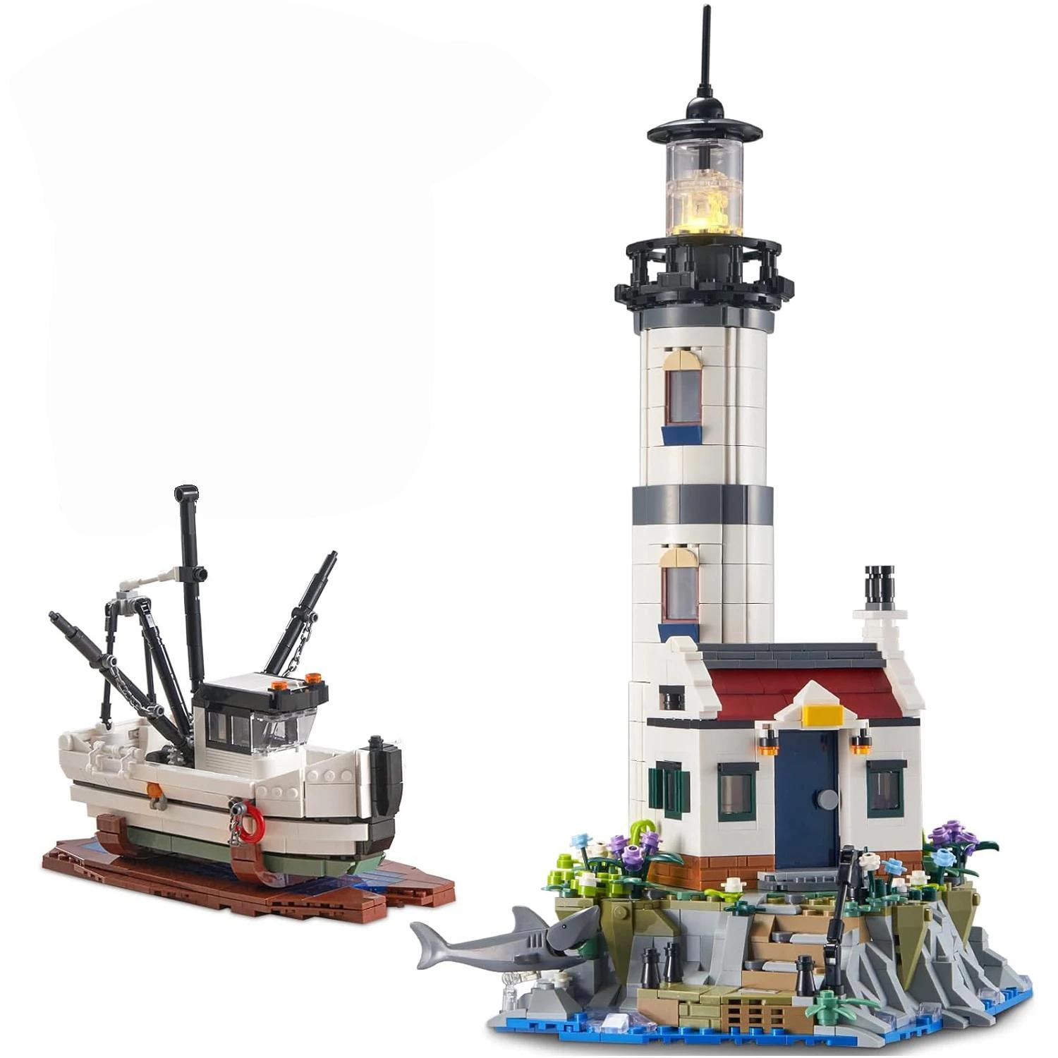 

1677PCS Electric Lighthouse Building Blocks Fisherman Rescue Boats Lighthouse Model Bricks With Light Kids Toys Holiday Gifts