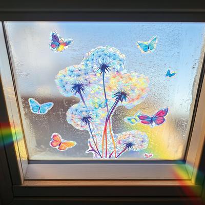 Fun-j005 Laser Color Dandelion Butterfly Decorazione per la casa Decorazione Porte e finestre in vetro Adesivi per finestre Autoadesivi