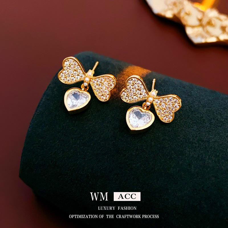 Gold-Plated Silver Bow Earrings with Zircon Heart - Exquisite High-End Fashion Jewelry