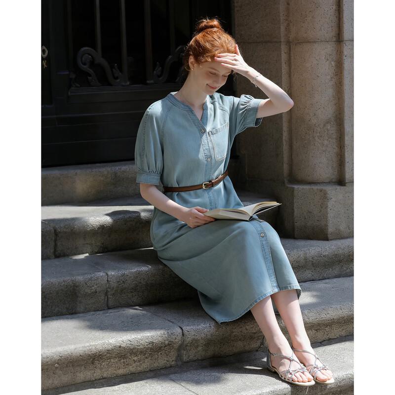 Demana Denim Cloud Cotton Round Neck Belted Dress