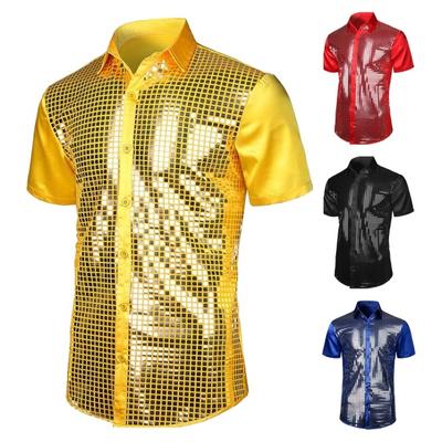 Men Performance Shirt Shiny Surface Turn-down Collar Single-breasted Long Sleeves Buttons Satin Club Party 70s Disco Stage Show Shirt