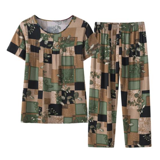 2 Pcs/Set Women Top Pants Set Flower Printed O Neck Loose Color Matching Short Sleeve