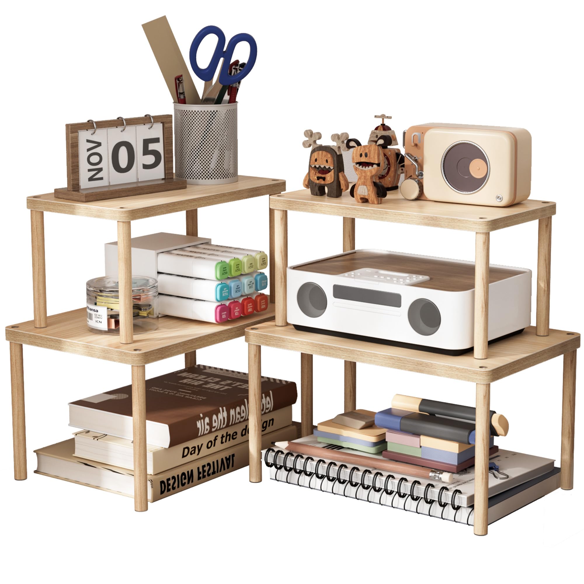 

Aquzee Wooden Desktop Desktop Desk Stackable Easy Set of 4 Large 2 Rack, Storage, Shelf, Shelf, Assembly, Non-Slip, (2 + Small)