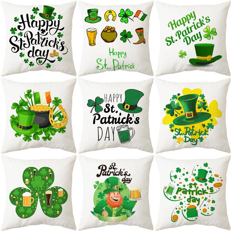 Irish National Day Cushion St. Patrick's Day Cushion Cover Green Cartoon Letters Four-Leaf Clover Sofa Cushion Cover