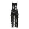 Women Dress Sexy Patchwork Mesh Strapless Irregular Waist Ruffled Split Black Dresses Fashion Night Party Vestidos