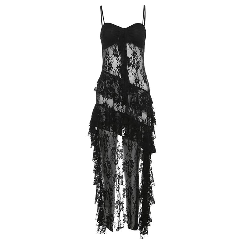 Women Dress Sexy Patchwork Mesh Strapless Irregular Waist Ruffled Split Black Dresses Fashion Night Party Vestidos