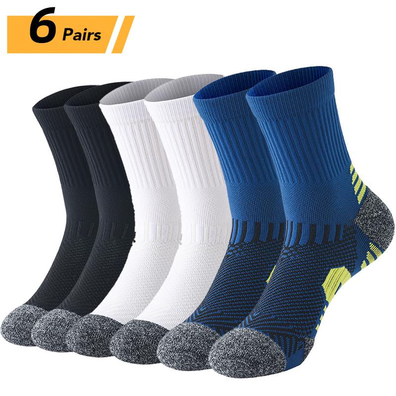 6/5/3 Pairs Men's Athletic Socks Sports Breathable Outdoor Running Compression Socks Cotton Training Long Black Stretch Socks