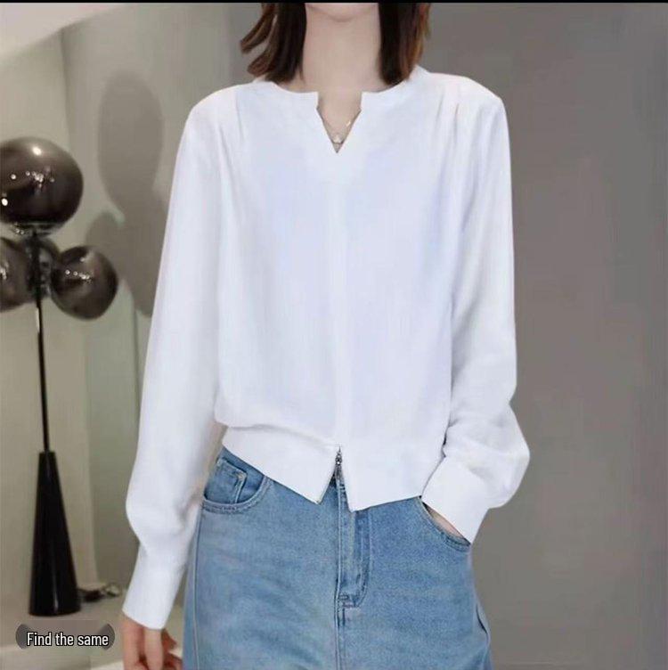 

Women s V-Neck Split Hem Solid Color T-Shirt - 2026 Spring Fashion Collection L (recommended for 55-60 kg) белый
