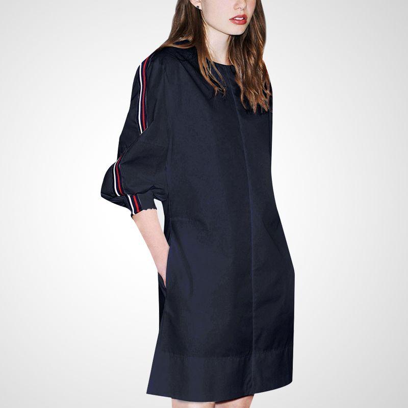 

Slim Looking round Neck White Elegant Mid Length Long Length Dress Navy blue S