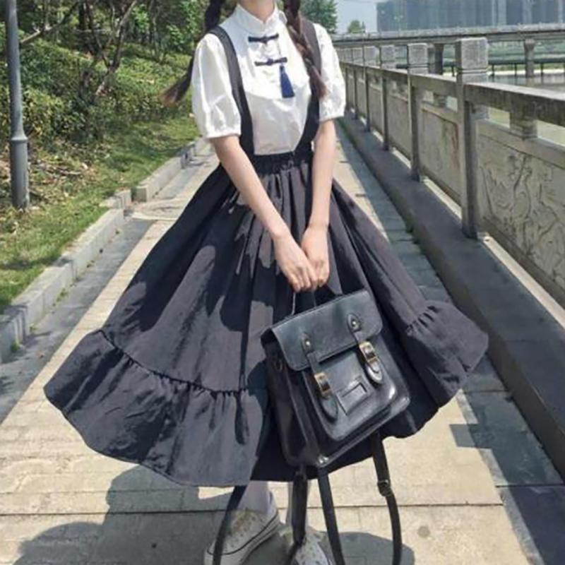WTEMPO Girl's Sweet Preppy Style Strap Long Skirts Ruffles Loose Cute Student Casual Skirts Female Suspender Skirts