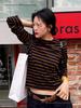 Blue Coffee Weave Women's Retro Striped Long-Sleeve Slimming Fall Top
