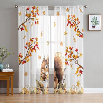 Fall Squirrel Maple Leaf Tulle Curtains For Living Room Sheer Curtain For Bedroom Window Blinds Voile Curtains