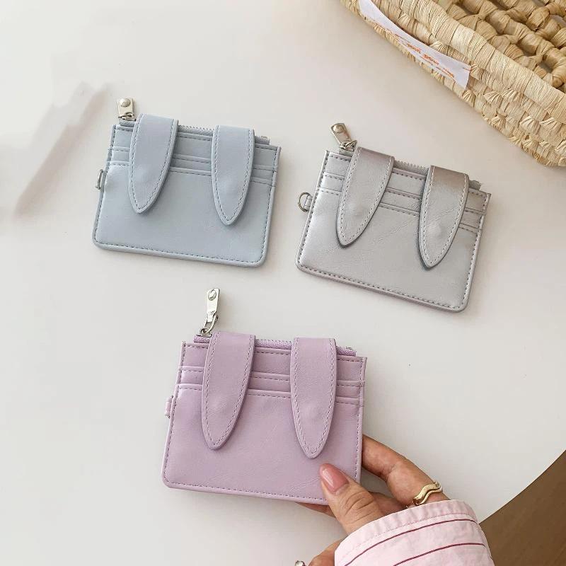 Cute Bunny Ear Card Holder Eco-friendly PU Leather Multi Card Slots Thin Pocket Wallet for School Use