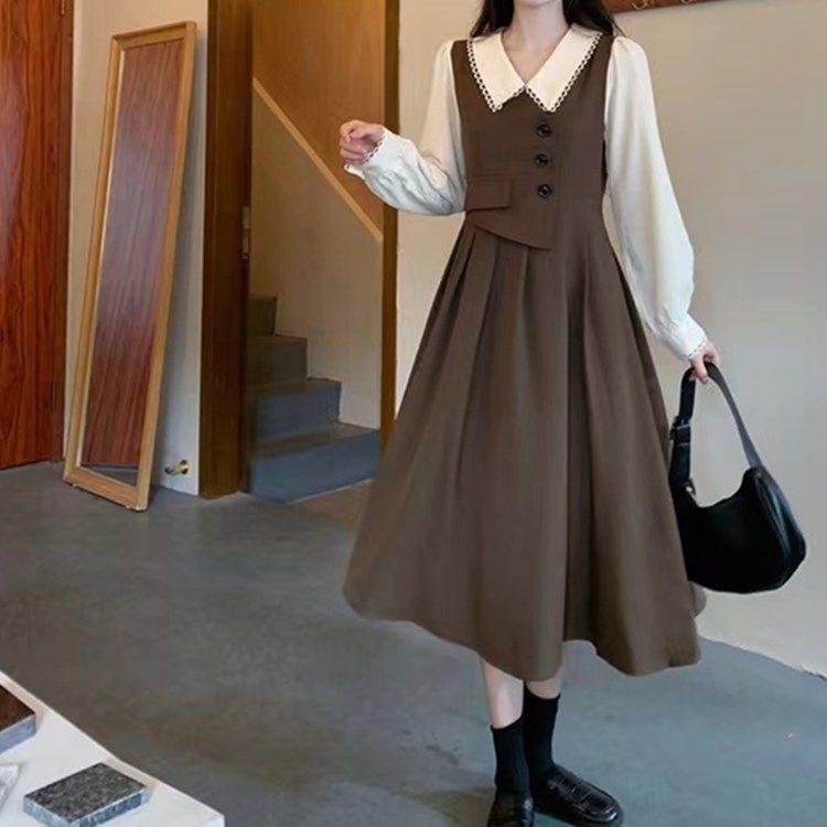 Doll Collar Vest Patchwork Fake Two Piece Dress Chubby Sister Looks Thin Artistic Style Long Skirt