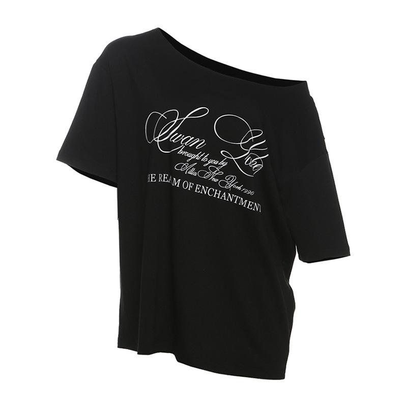 

2025 Лето Новые Женские Модные Буквы Печатные Прорези На Плече Короткие Рукава Свободные Футболки Топы M чёрный