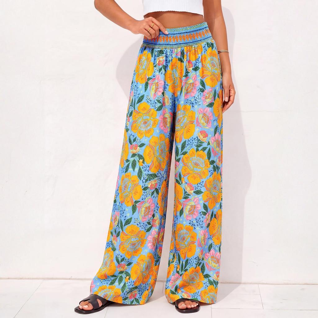 Women Plus Size Wide Leg Palazzo Pants Summer Boho Floral Print High Waist Elastic Waistband Lounge Trousers with Pockets