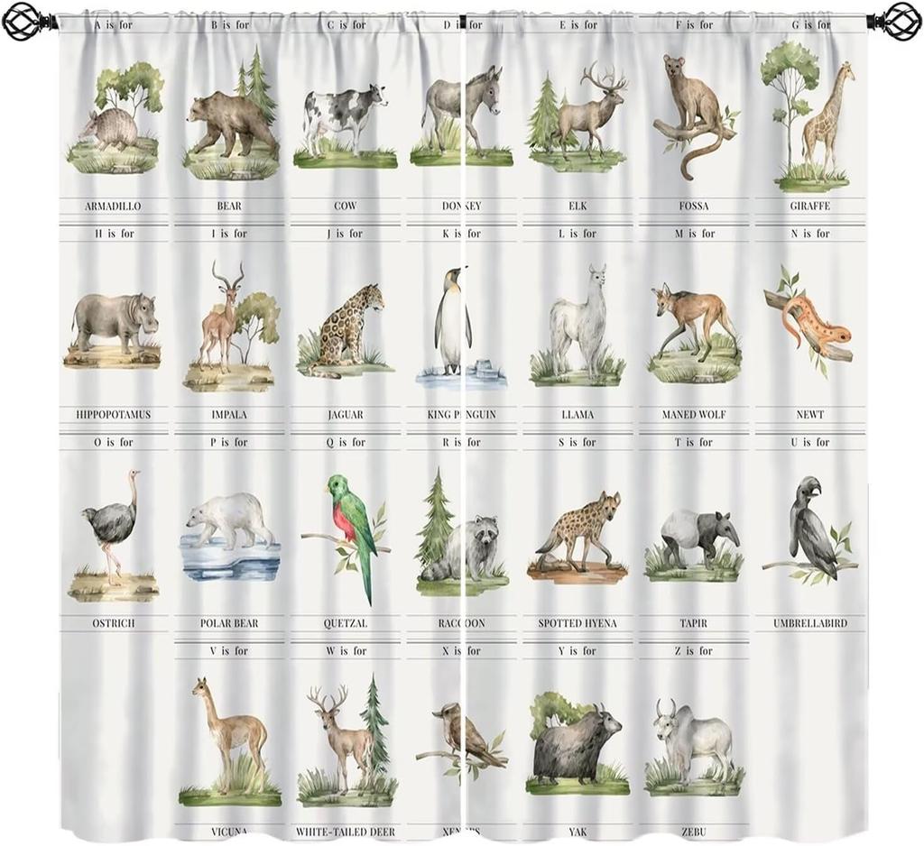 Funny Education Alphabet Abc Curtains,Cartoon Kids Learning Letters Watercolor Decor Rod Pocket Window Treatments For Boy Baby