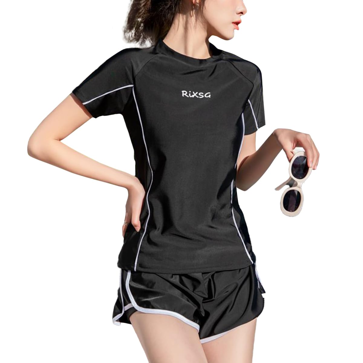 

Боди с коротким рукавом рашгард большой быстросохнущий [Kayiyasu] Женский купальник, Покрытие, Набор из 2 предметов, Танкини, Фитнес, Защита, Пляж, Размер, Шорты, Бассейн, чёрный