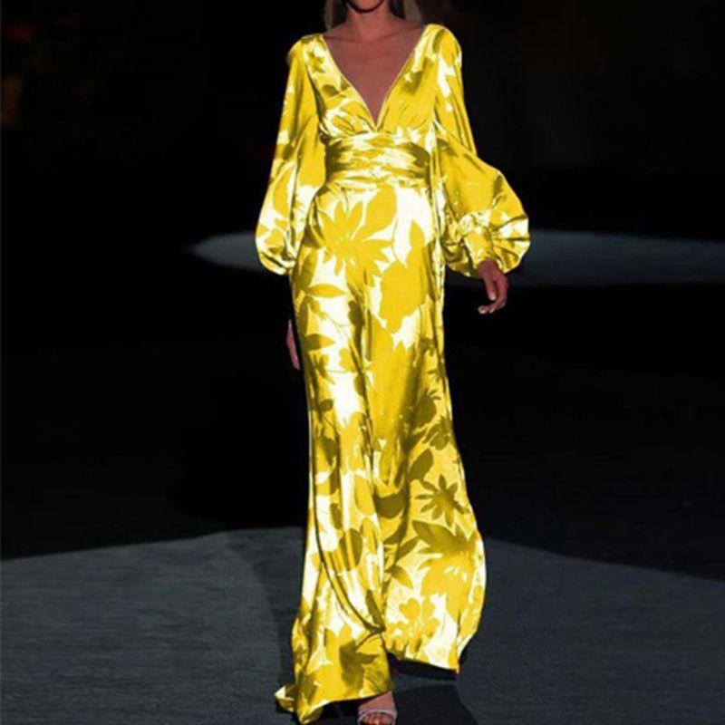 

2023 Женское Платье с Темпераментом, Большой Подол, Приталенное Yellow White Print 2XL