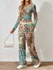 Floral pattern printed women's V-neck long-sleeved trousers set Comfortable casual versatile slim two-piece set