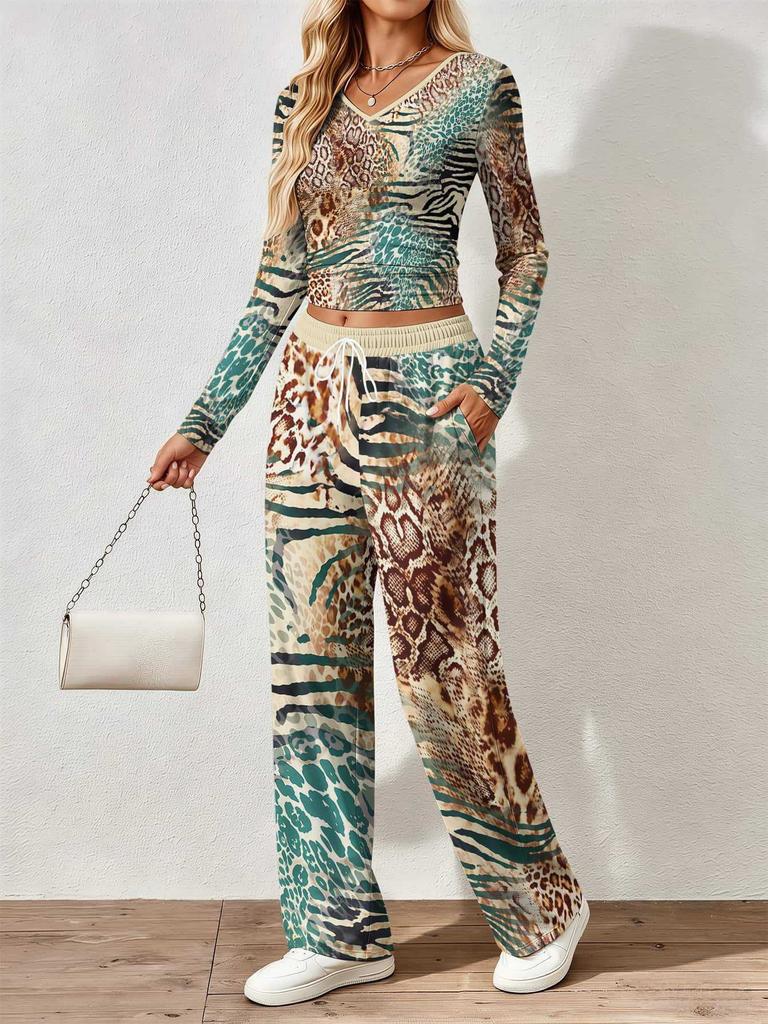 Floral pattern printed women's V-neck long-sleeved trousers set Comfortable casual versatile slim two-piece set