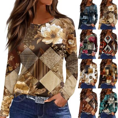 Women's Fashion Hem Slit Casual Retro Floral Print Round Neck Long Sleeve Top