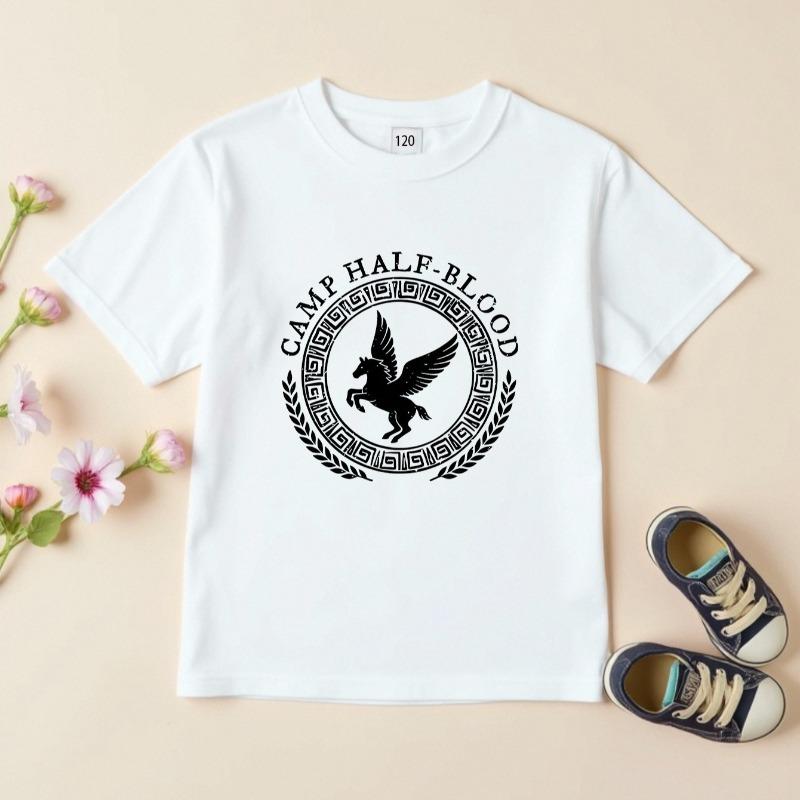 Kids Crewneck Short Sleeve Tee, Cartoon Pegasus Print Breathable Casual Top for Boys Girls 110
